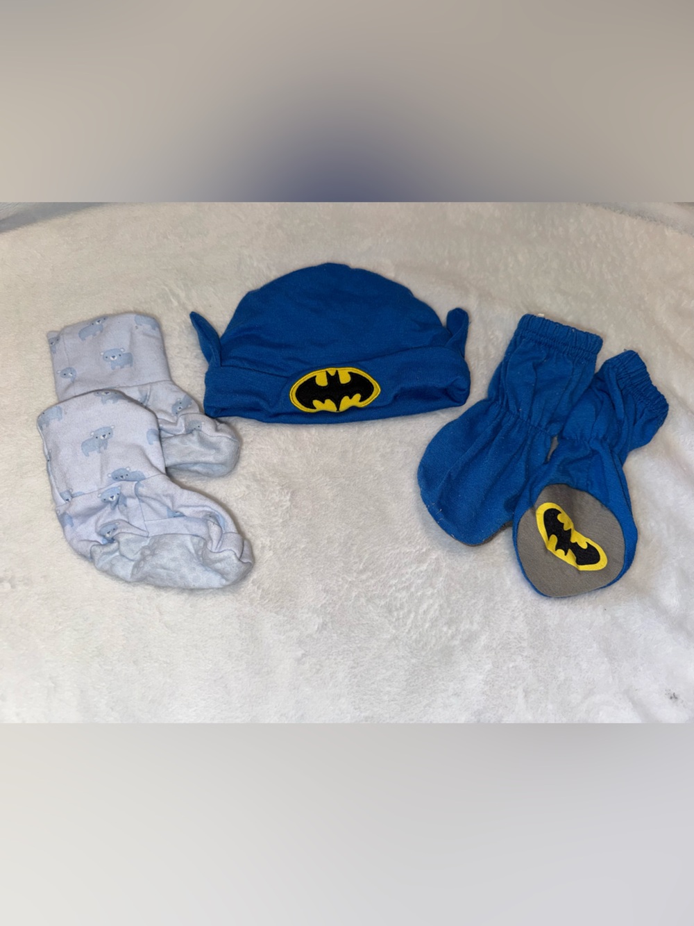 Baby 6-12 month soft slipper socks. Light blue Bear Pattern & dark blue Batman